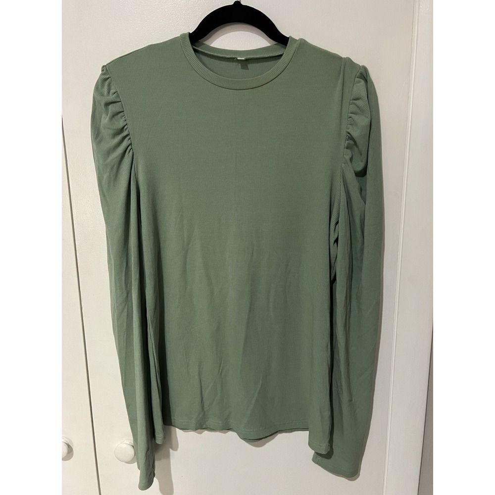 Unbranded‎ Sage Green Puff Shoulder Long Sleeve Tee Size Large Ribbed